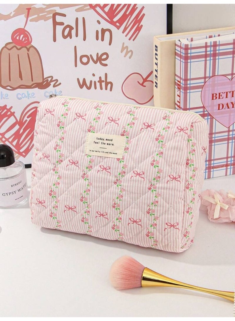 Medium Pink Quilted Makeup Bag – Cute Striped Floral Cosmetic Pouch with Bow Pattern for Daily Use & Travel